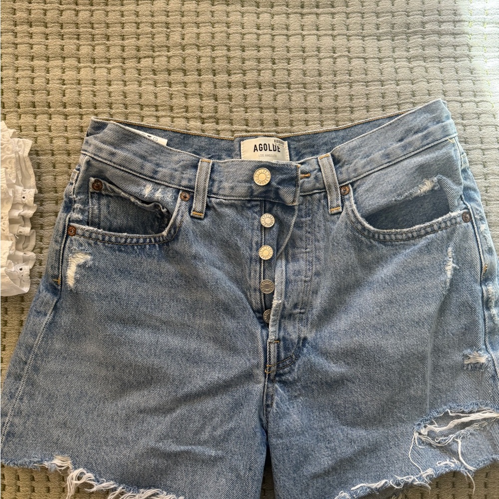 Agolde Light Blue Distressed Jean Shorts